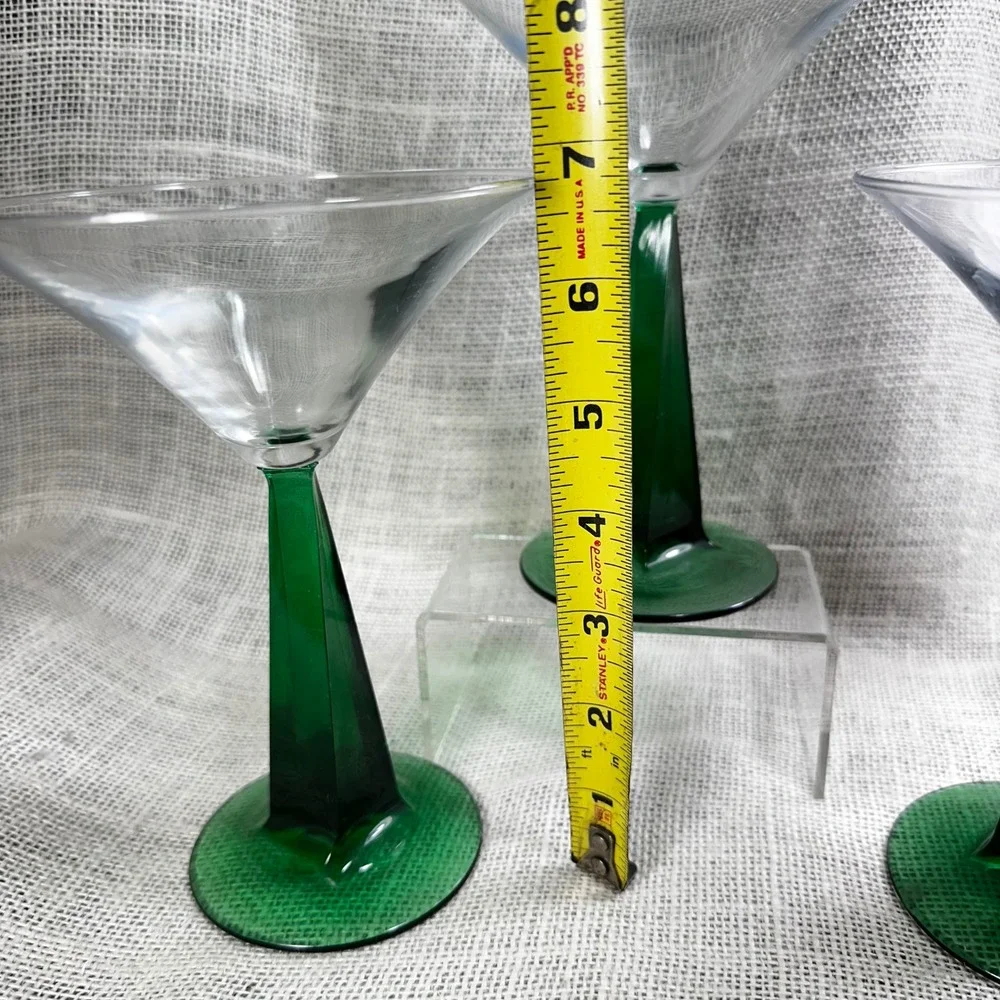 Bombay Emerald Green Twisted Pyramid Stem Martini Glasses Set of 3 Vintage